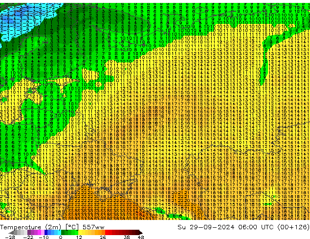 Temperature (2m) 557ww Su 29.09.2024 06 UTC