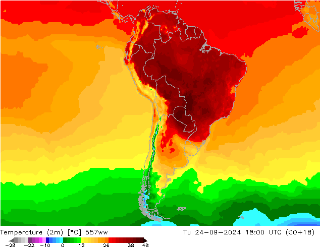 mapa temperatury (2m) 557ww wto. 24.09.2024 18 UTC