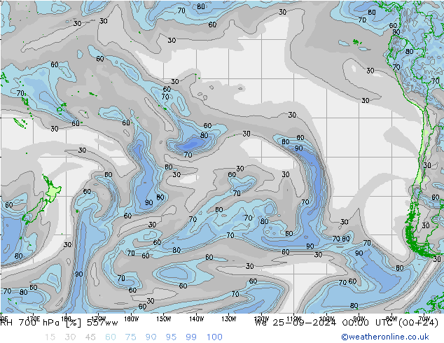 RH 700 hPa 557ww We 25.09.2024 00 UTC