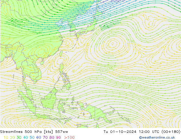 Linia prądu 500 hPa 557ww wto. 01.10.2024 12 UTC