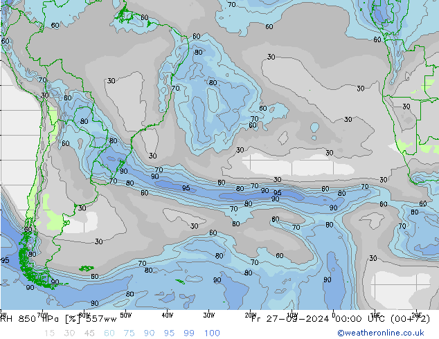 RH 850 hPa 557ww ven 27.09.2024 00 UTC