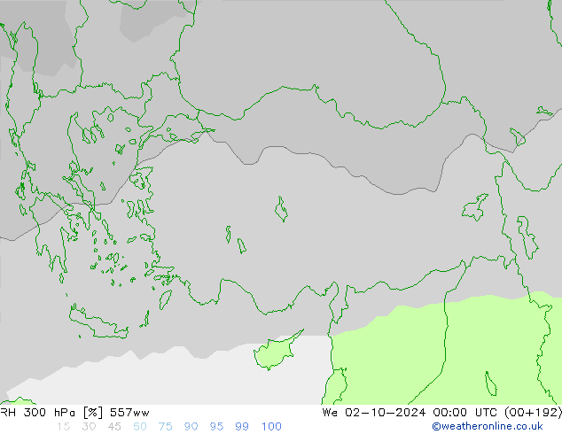 Humidité rel. 300 hPa 557ww mer 02.10.2024 00 UTC