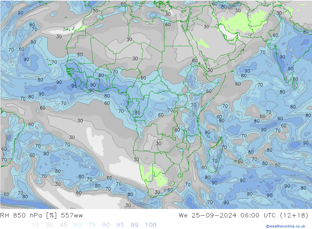 RH 850 hPa 557ww We 25.09.2024 06 UTC