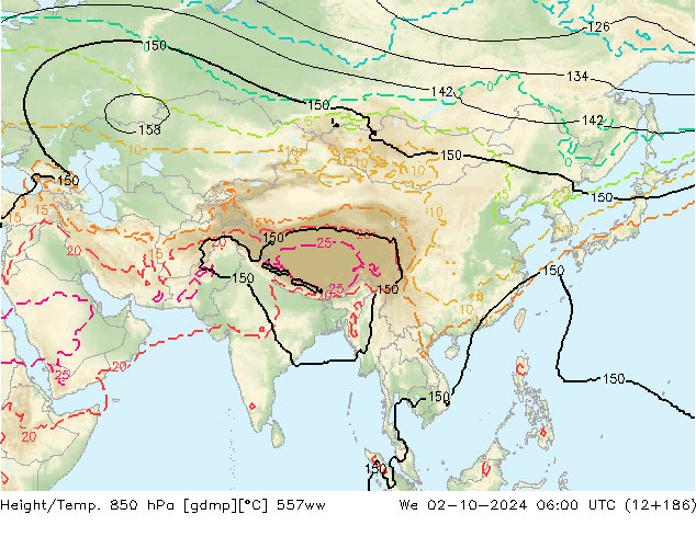 Height/Temp. 850 hPa 557ww Mi 02.10.2024 06 UTC