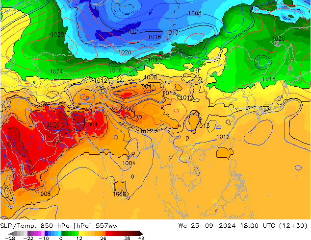 SLP/Temp. 850 hPa 557ww mer 25.09.2024 18 UTC