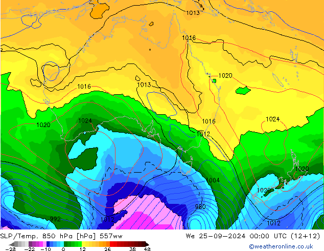 SLP/Temp. 850 hPa 557ww śro. 25.09.2024 00 UTC