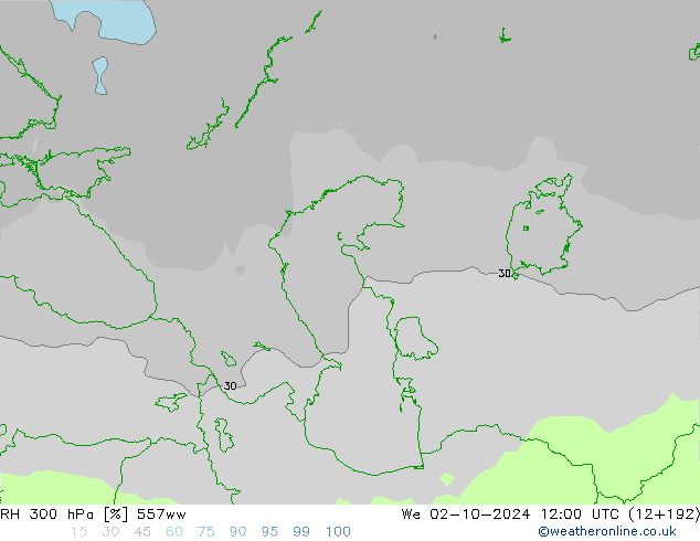 RH 300 hPa 557ww We 02.10.2024 12 UTC