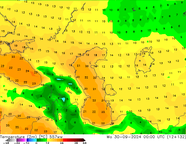 Temperature (2m) 557ww Po 30.09.2024 00 UTC