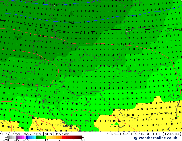 SLP/Temp. 850 hPa 557ww czw. 03.10.2024 00 UTC