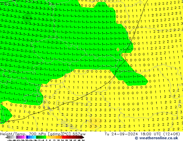 Height/Temp. 700 hPa 557ww Tu 24.09.2024 18 UTC