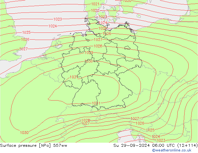 Surface pressure 557ww Su 29.09.2024 06 UTC