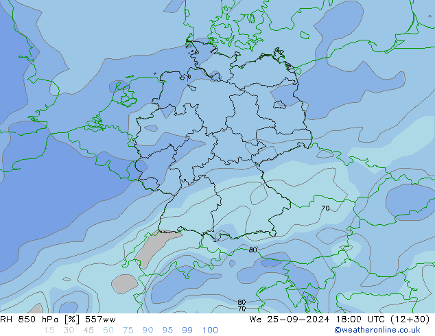 850 hPa Nispi Nem 557ww Çar 25.09.2024 18 UTC