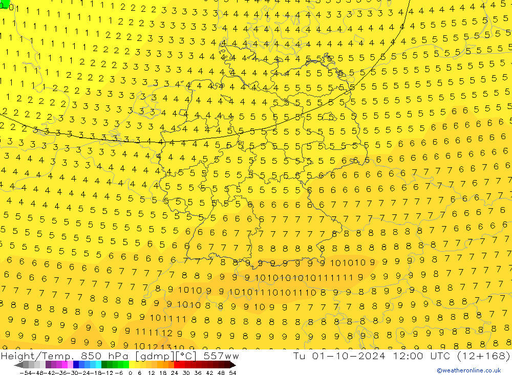 Height/Temp. 850 гПа 557ww вт 01.10.2024 12 UTC