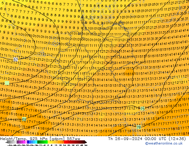 Hoogte/Temp. 925 hPa 557ww do 26.09.2024 00 UTC