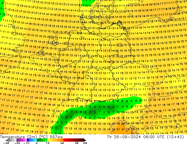 Temperature (2m) 557ww Th 26.09.2024 06 UTC