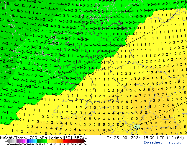 Height/Temp. 700 hPa 557ww Čt 26.09.2024 18 UTC