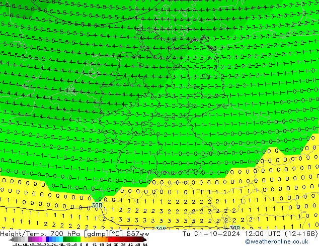 Height/Temp. 700 hPa 557ww Út 01.10.2024 12 UTC