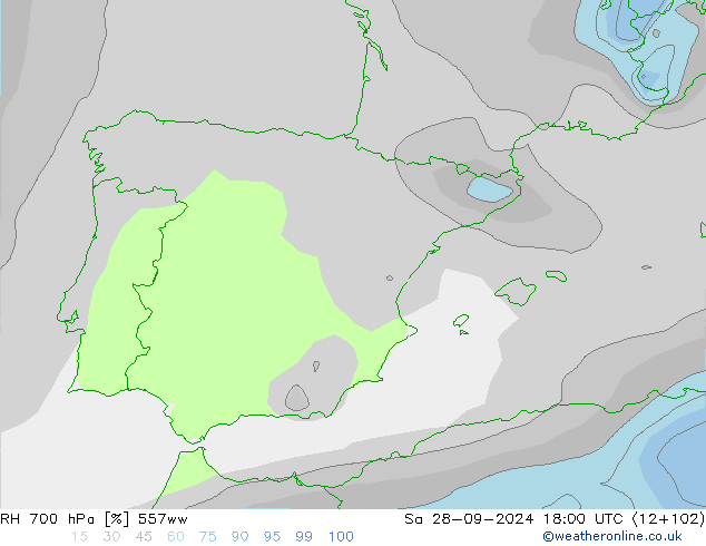 RH 700 hPa 557ww Sa 28.09.2024 18 UTC