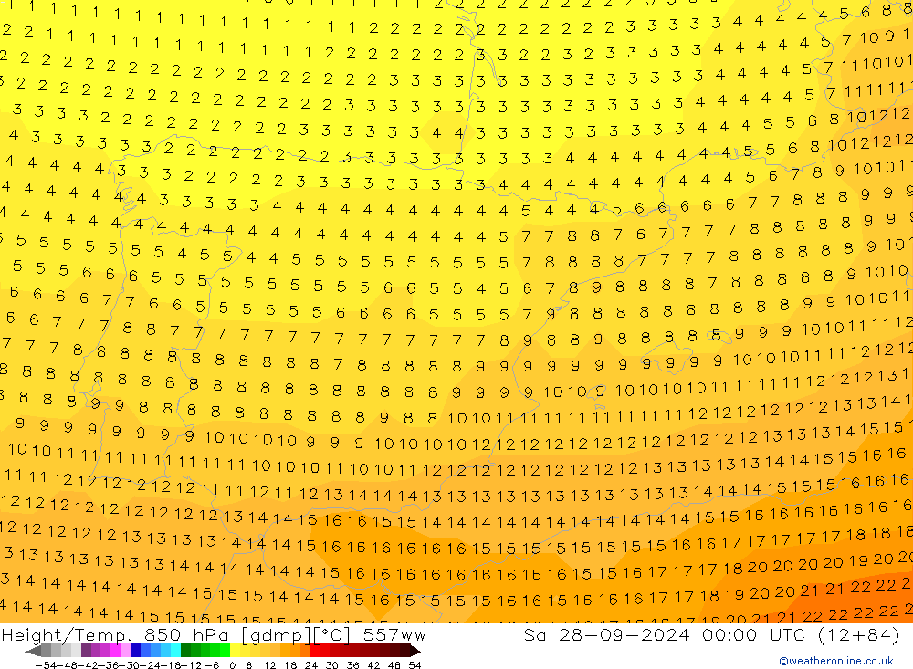 Height/Temp. 850 гПа 557ww сб 28.09.2024 00 UTC