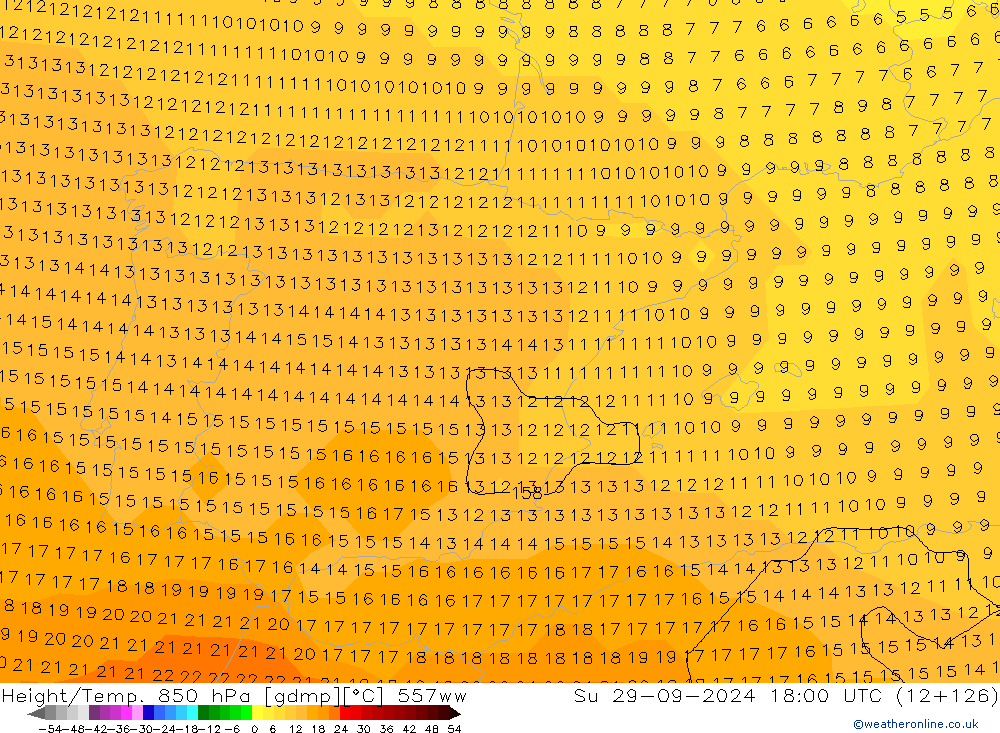 Height/Temp. 850 hPa 557ww Su 29.09.2024 18 UTC