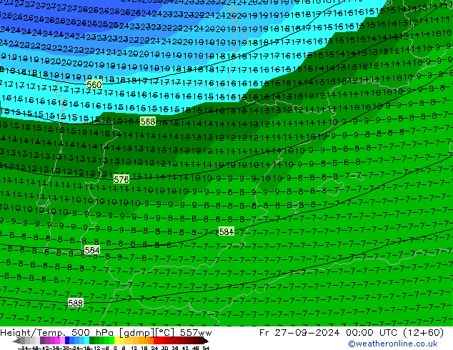 Height/Temp. 500 hPa 557ww pt. 27.09.2024 00 UTC