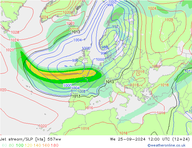 Jet stream/SLP 557ww St 25.09.2024 12 UTC