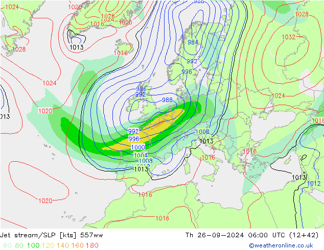 Jet stream/SLP 557ww Čt 26.09.2024 06 UTC