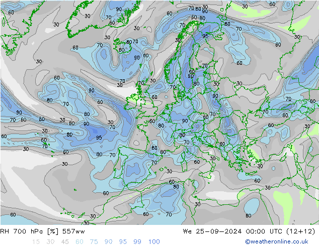 RH 700 hPa 557ww śro. 25.09.2024 00 UTC