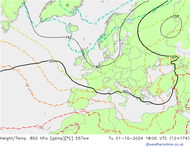 Height/Temp. 850 hPa 557ww Tu 01.10.2024 18 UTC