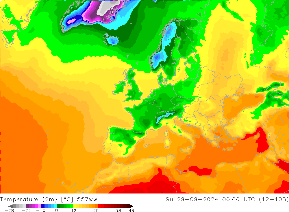 Temperature (2m) 557ww Su 29.09.2024 00 UTC