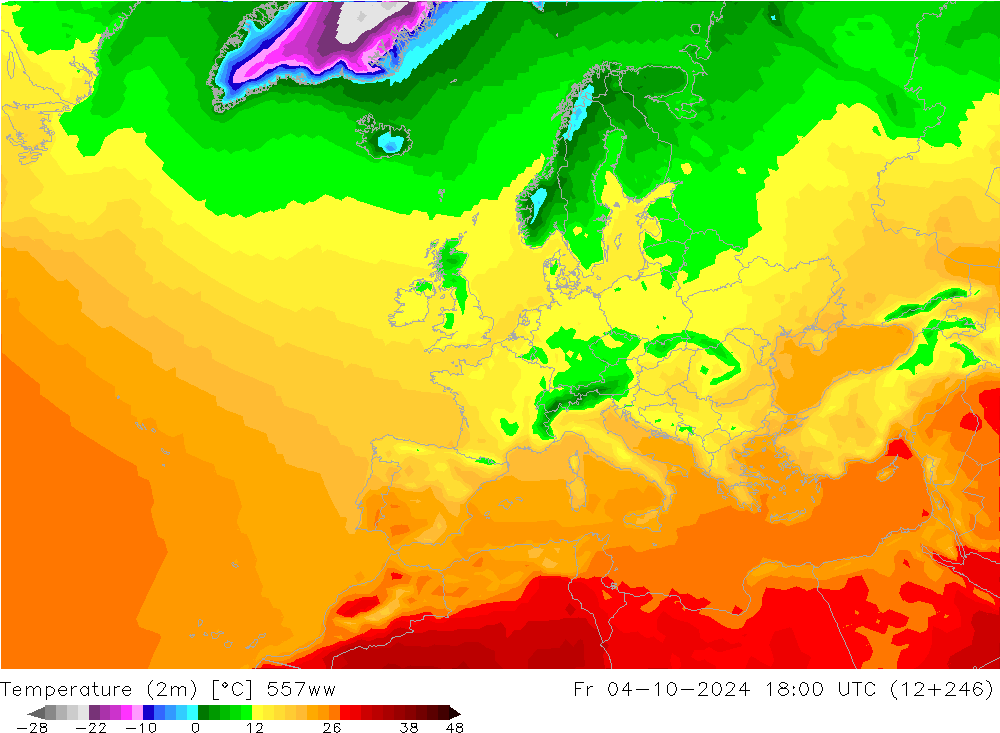 Temperatuurkaart (2m) 557ww vr 04.10.2024 18 UTC