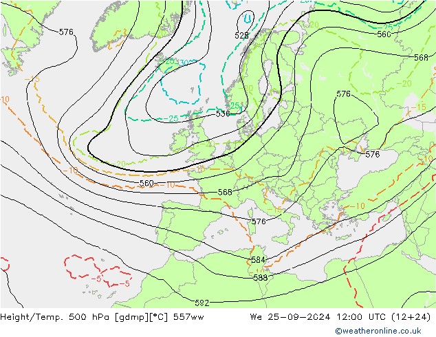 Height/Temp. 500 hPa 557ww St 25.09.2024 12 UTC