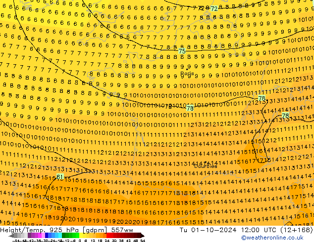 Height/Temp. 925 hPa 557ww Út 01.10.2024 12 UTC