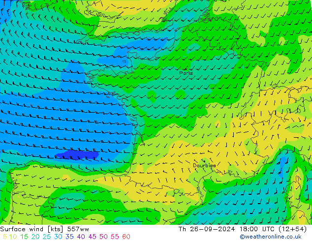 Surface wind 557ww Čt 26.09.2024 18 UTC