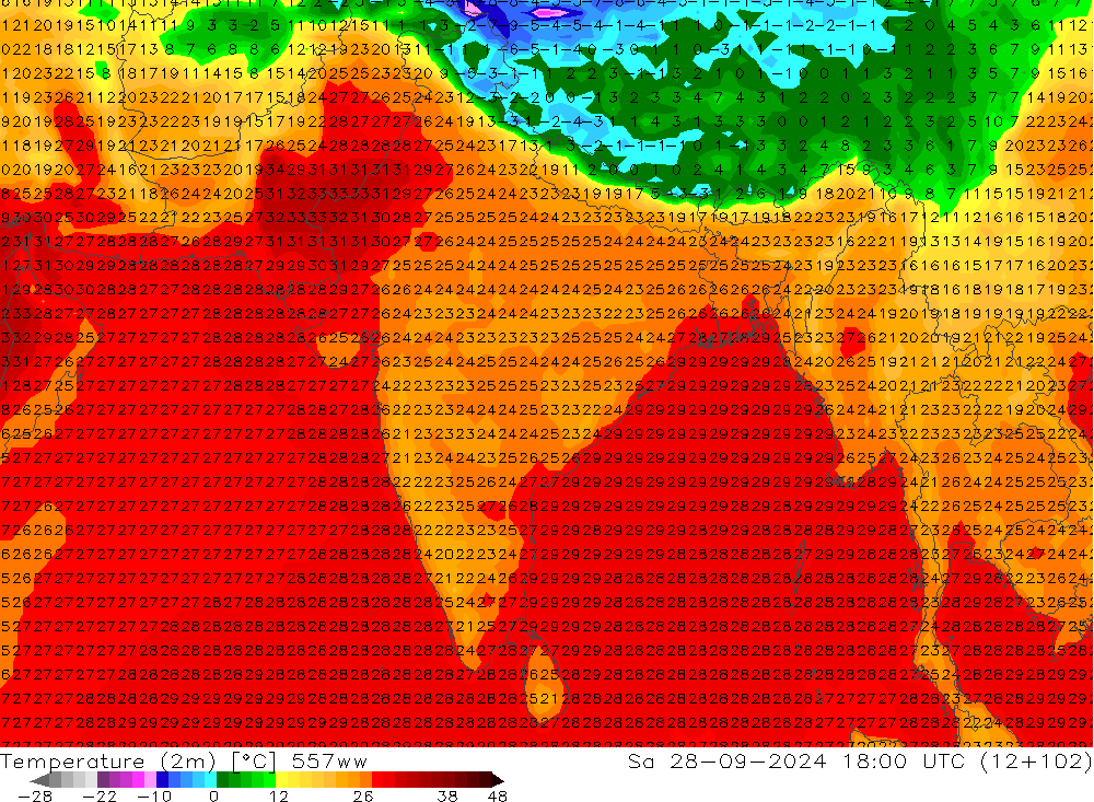 mapa temperatury (2m) 557ww so. 28.09.2024 18 UTC