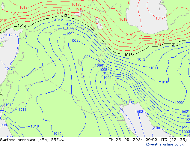 Pressione al suolo 557ww gio 26.09.2024 00 UTC