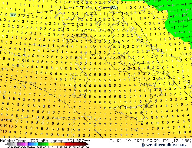 Height/Temp. 700 hPa 557ww  01.10.2024 00 UTC