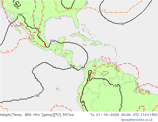 Height/Temp. 850 hPa 557ww Út 01.10.2024 00 UTC