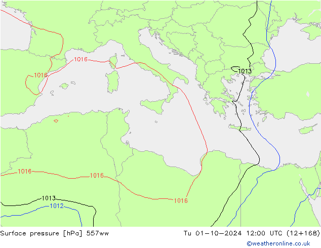 Surface pressure 557ww Tu 01.10.2024 12 UTC