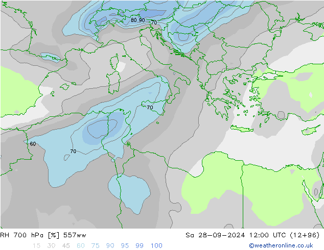 RH 700 hPa 557ww So 28.09.2024 12 UTC