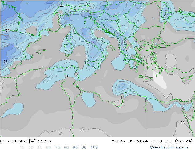 RH 850 hPa 557ww We 25.09.2024 12 UTC