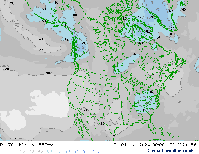 RH 700 hPa 557ww  01.10.2024 00 UTC