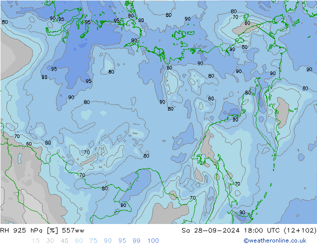 RH 925 hPa 557ww Sáb 28.09.2024 18 UTC