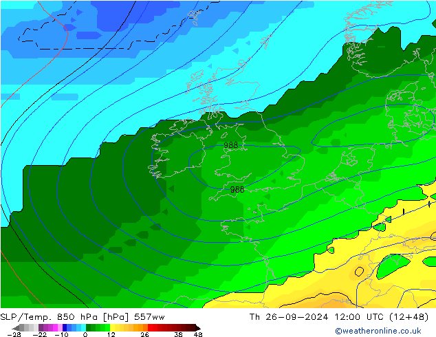 SLP/Temp. 850 hPa 557ww czw. 26.09.2024 12 UTC