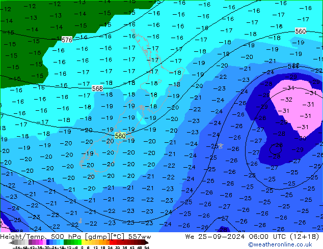 Height/Temp. 500 hPa 557ww We 25.09.2024 06 UTC