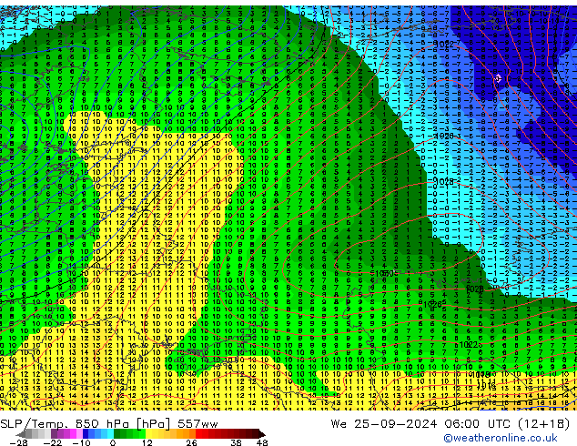 SLP/Temp. 850 hPa 557ww We 25.09.2024 06 UTC