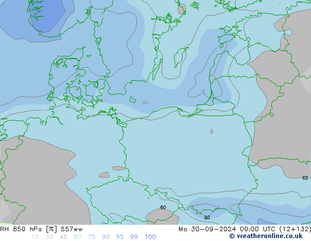 RH 850 hPa 557ww Mo 30.09.2024 00 UTC