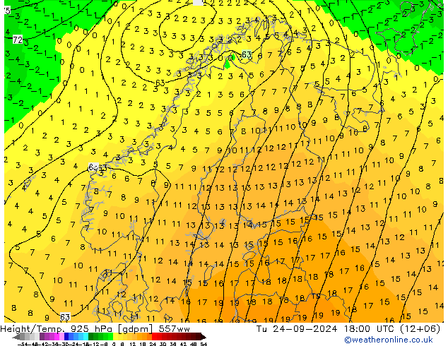 Height/Temp. 925 hPa 557ww  24.09.2024 18 UTC