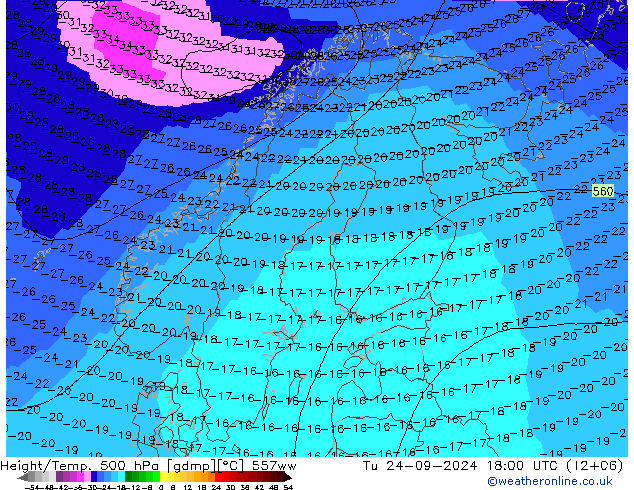 Height/Temp. 500 hPa 557ww Ter 24.09.2024 18 UTC