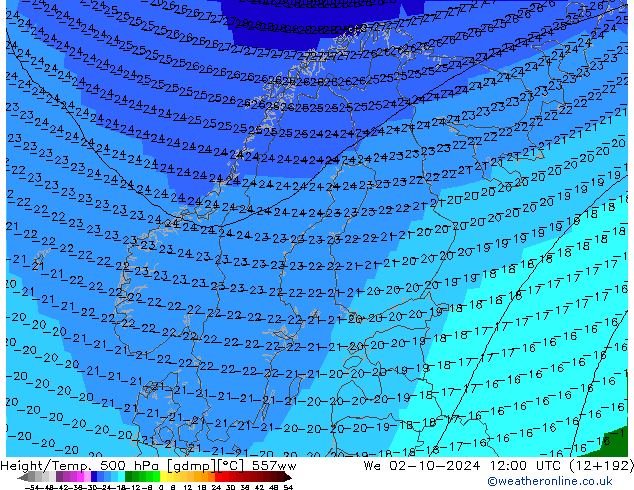 Height/Temp. 500 hPa 557ww We 02.10.2024 12 UTC